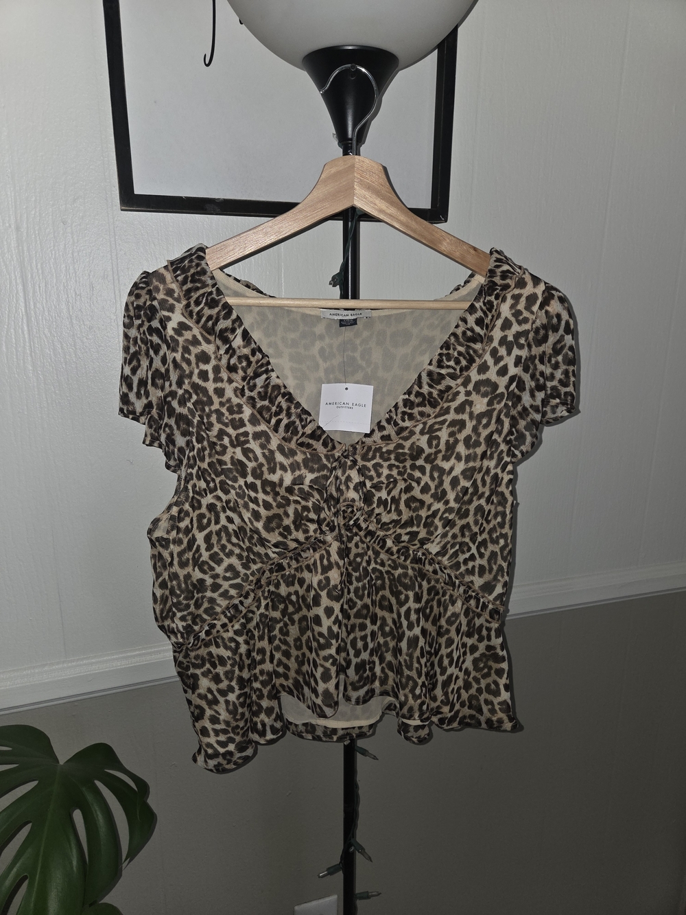 American Eagle Leopard Print V-Neck Flutter Sleeve Top - Beige/Brown